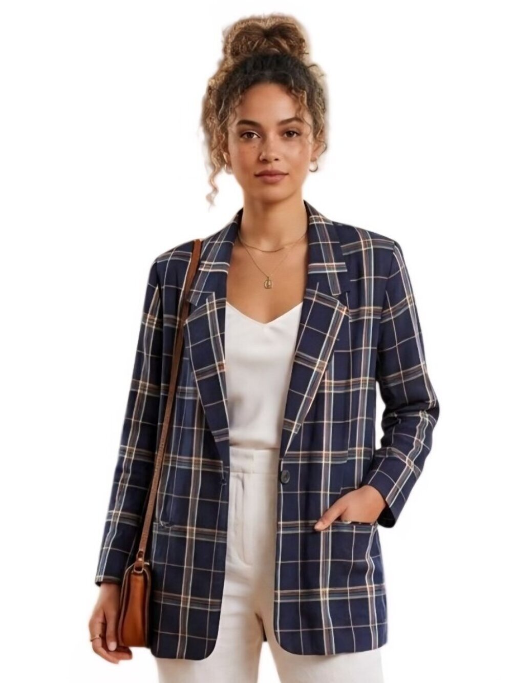 Requirements Vintage Linen Blend Plaid One Button Plussize Blazer Size 20W